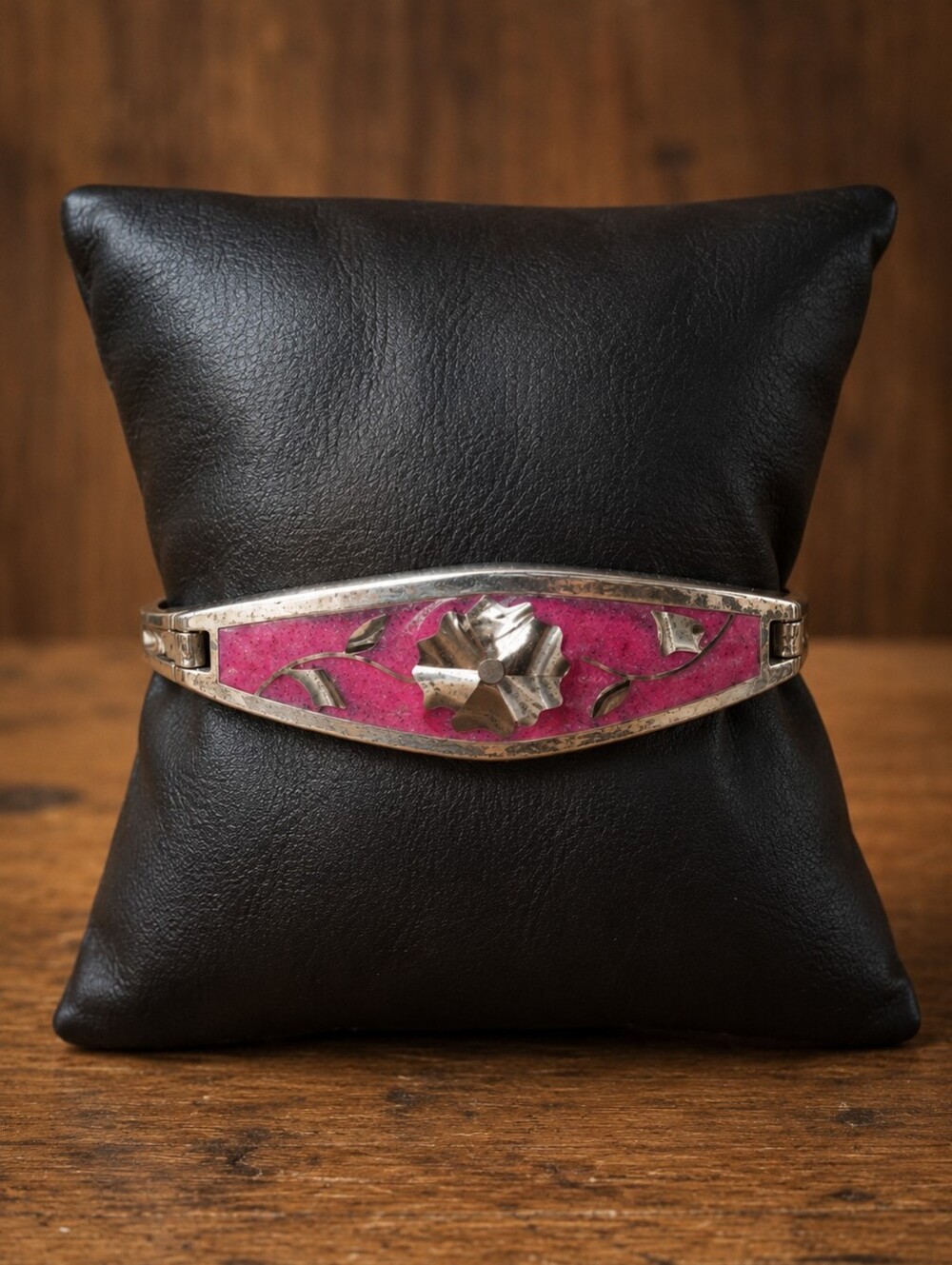 Vintage Alpaca Mexico Bangle Bracelet Flower Pink Enamel Mother Of…